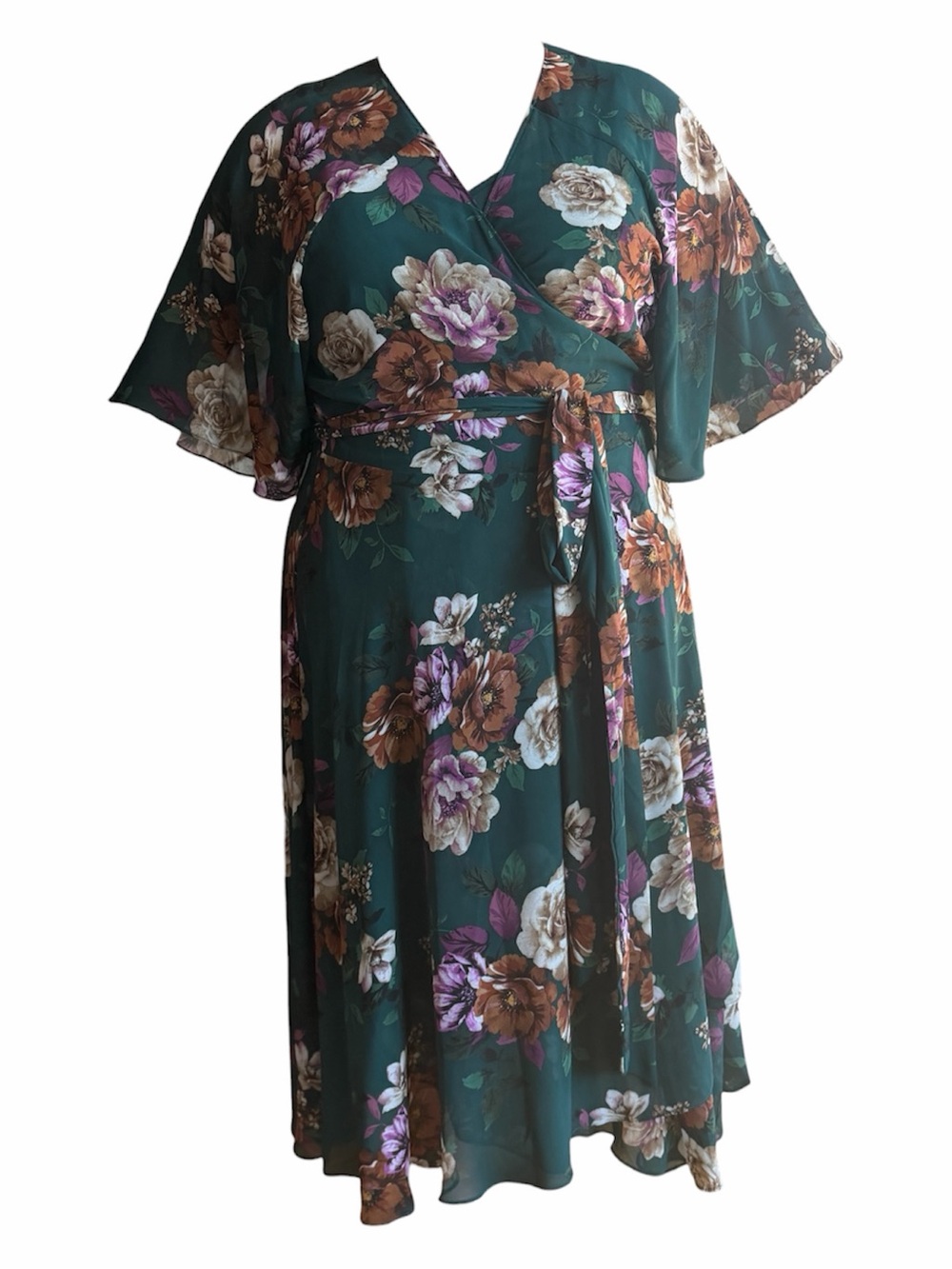 City Chic Emerald Green Floral Wrap Dress with Purple Blooms